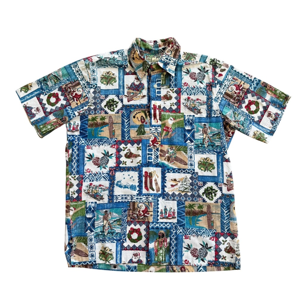 Reyn Spooner‎ Mele Kalikimaka 2002 Hawaiian Shirt Mens M Blue Christmas Patch